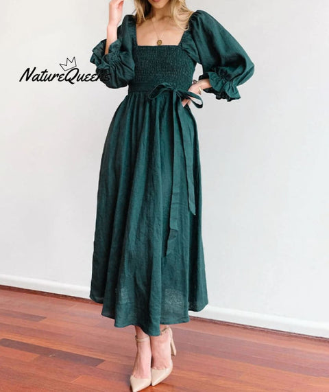 French Ruffled Lantern Sleeves Multi-wear Dress Green