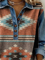 Women'S Casual Color-Block Printed Patchwork Pullover Sweatshirt