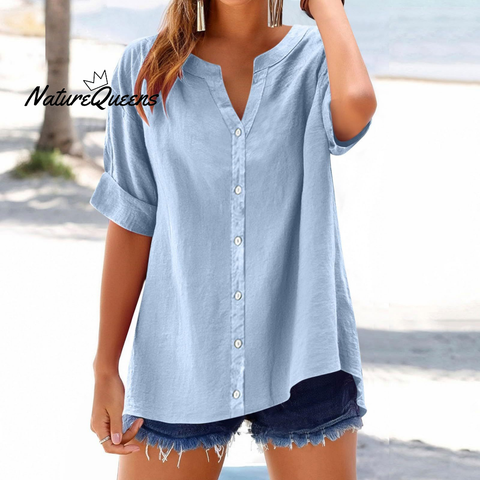 Women's Linen Casual Loose-Fit Button-Up V-Neck Shirt