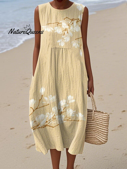 Women's Elegant Floral Print Cotton and Linen Dress