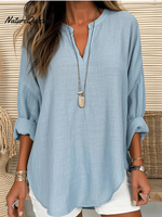 Women’s Cotton Long Sleeve Round Neck Solid Color Loose Beach Shirt Light Blue / S