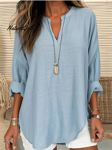 Women’s Cotton Long Sleeve Round Neck Solid Color Loose Beach Shirt Light Blue / S