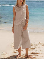 Women'S Round-Neck Striped Sleeveless Top And Capri Pants Two-Piece Set