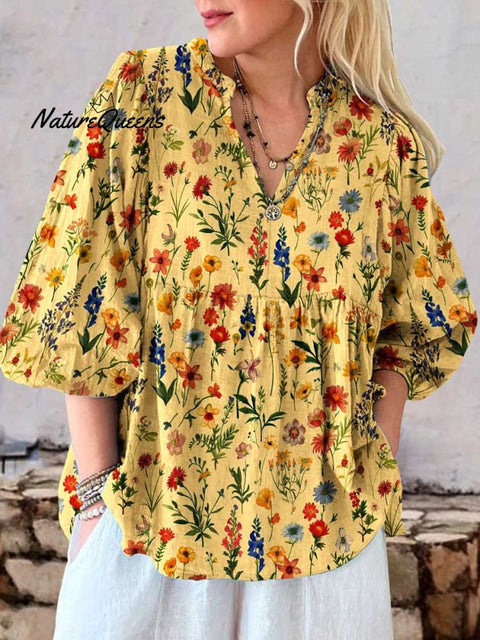 Women's Retro Floral Art Print Cotton And Linen Casual Top