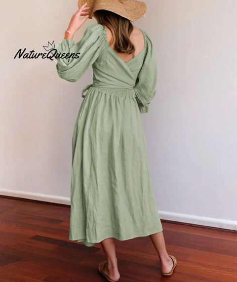 French Ruffled Lantern Sleeves Multi-wear Dress Green