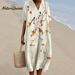 Japanese Art Persimmon Printed Crew Neck Casual Midi Dress