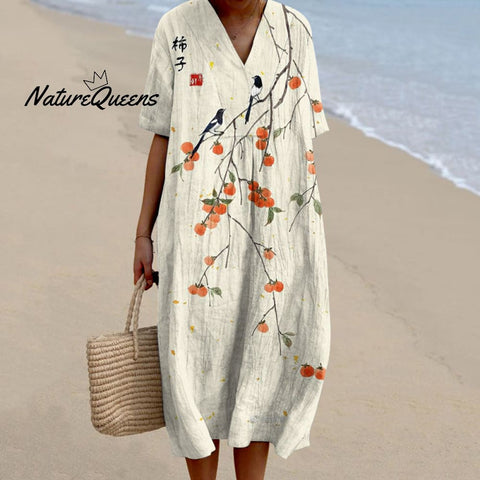 Japanese Art Persimmon Printed Crew Neck Casual Midi Dress