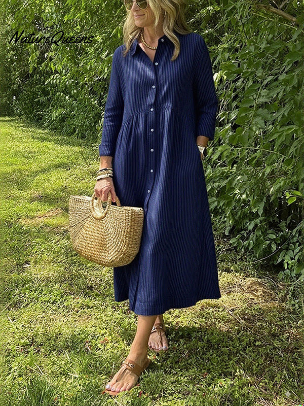 NEW🔥 Long Sleeve Striped Lapel Button Down Dress