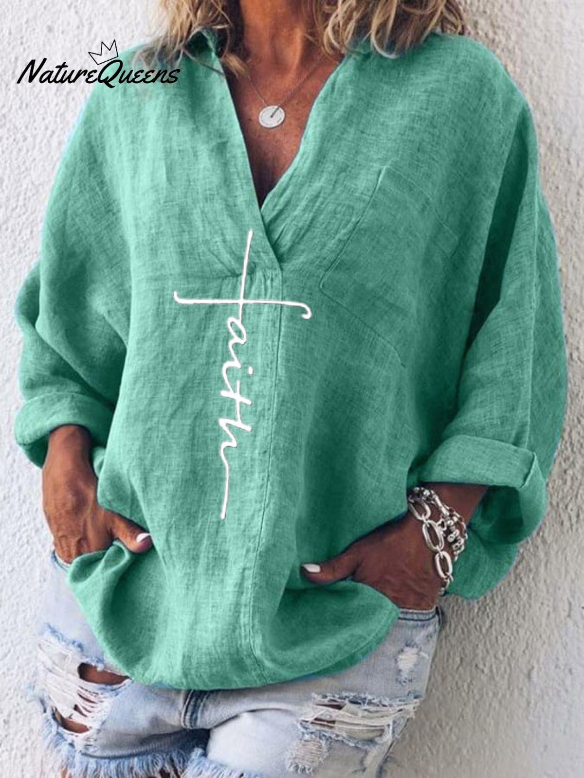 Women's Faith Printed Casual Long Sleeve V-Neck Cotton And Linen Shirt