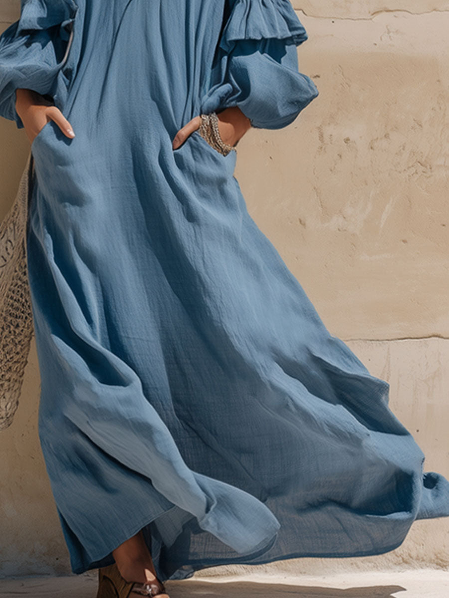 Loose-fitting V-neck Ruffled Double-pocket Cotton And Linen Long-sleeved Maxi Dress