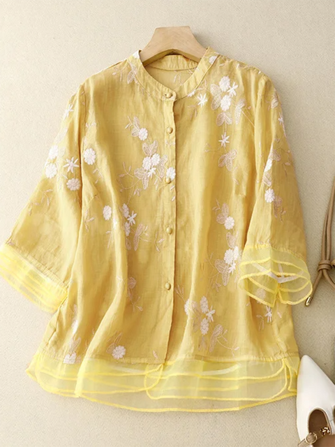 Women's Embroidered Fashion Round Neck Cotton Casual Shirt