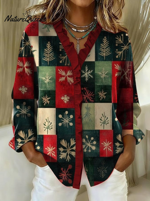 Women's Christmas Print Casual Cotton And Linen Ruffle Shirt