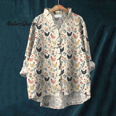 Farm Chicken & Floral Print Ruffled Linen Shirt