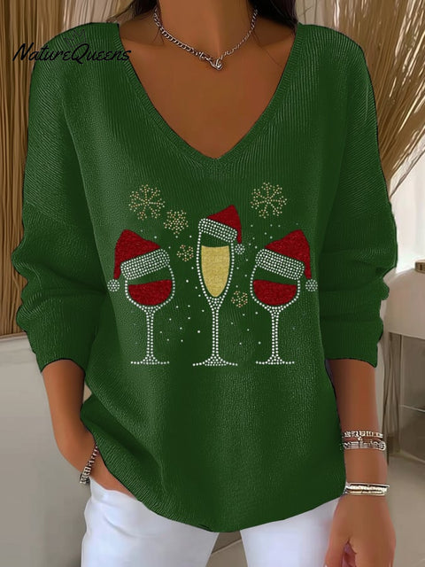 Women's Christmas Red Wine Glass Print V Neck Sweater
