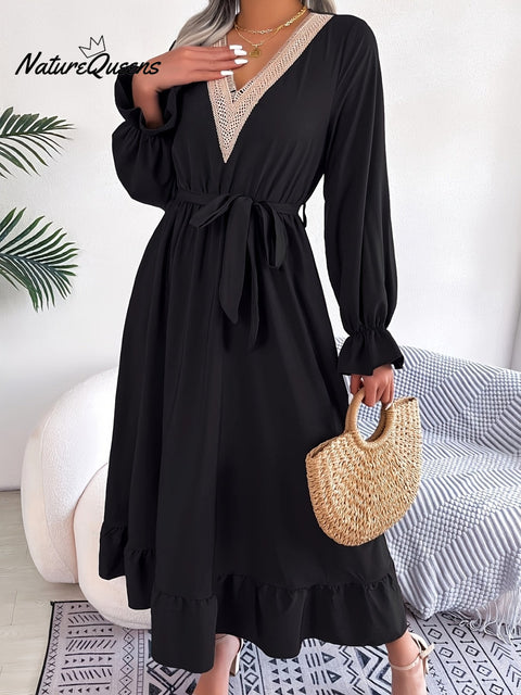 Women's Casual Elegant V-Neck Lace Waist Hollow Out Long Dress