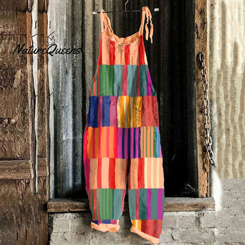 Women's Colorful Striped Pattern Linen Blend Jumpsuit