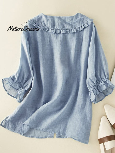 Cotton Linen Loose Peter Pan Ruffles Neck Shirt