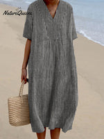 Women Vintage Stripes Casual V Neck Midi Dress