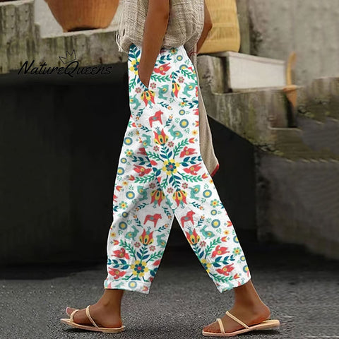 Women's Swedish Dala Trojan Floral Pattern Linen Pants