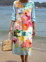 Women's CasualRound Neck Mid Sleeve Print Cotton and Linen Dress