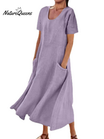 Jfn Cotton & Linen Solid Color Loose Casual Pocket Dress Purple / S(6 - 8)
