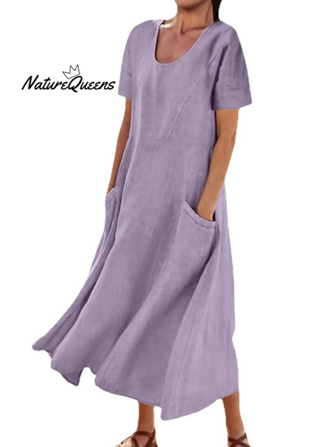 Jfn Cotton & Linen Solid Color Loose Casual Pocket Dress Purple / S(6 - 8)