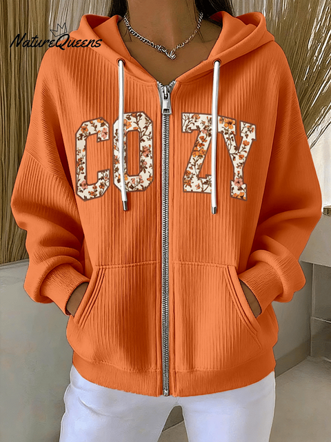Women's Fall Cozy Season Print Casual Zip-Up Hooded Sweatshirt Jacket
