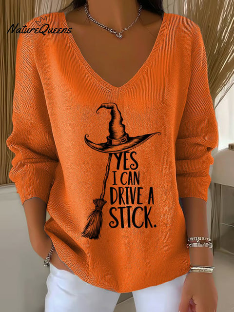 Women'S Witch "Yes I Can Drive A Stick"  Print Drop Shoulder Sweater