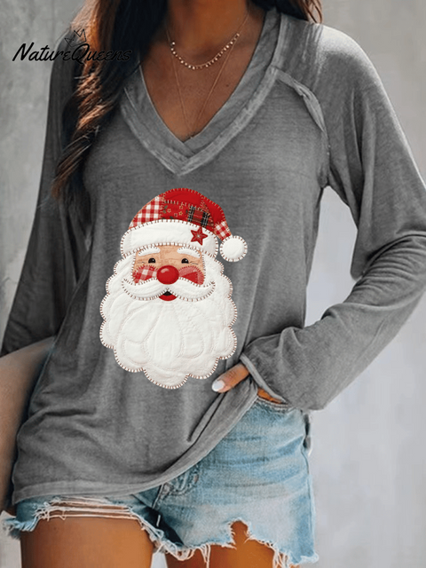 Women's Santa Claus Print V-Neck T-Shirt