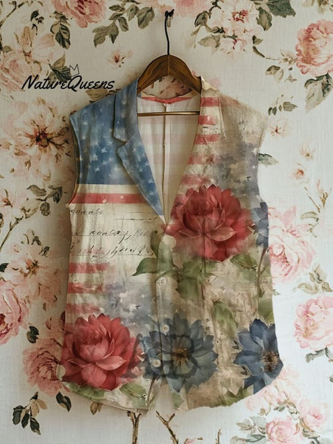 Women's Casual Cotton and Linen Independence Day Flag Floral Vest