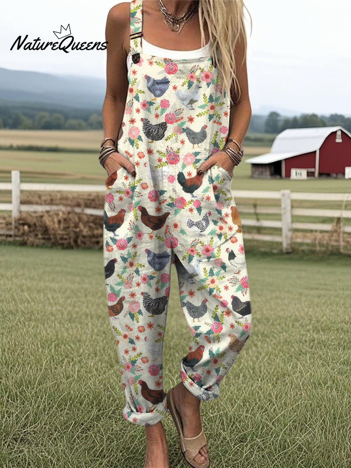Women's Farm Chicken And Floral Pattern Casual Cotton Wide Leg Jumpsuit