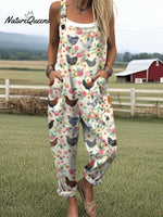 Women's Farm Chicken And Floral Pattern Casual Cotton Wide Leg Jumpsuit