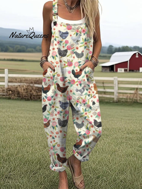 Women's Farm Chicken And Floral Pattern Casual Cotton Wide Leg Jumpsuit