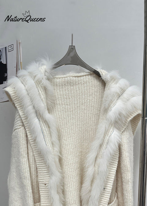 Beige Button Pockets Patchwork Knit Fall Coat Fox Collar