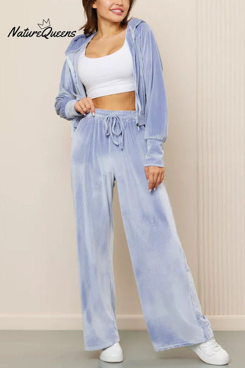 Solid Color Velvet Hooded Zip-up Sweatshirt and Elastic Waist Casual Pocket Straight-leg Pants Set
