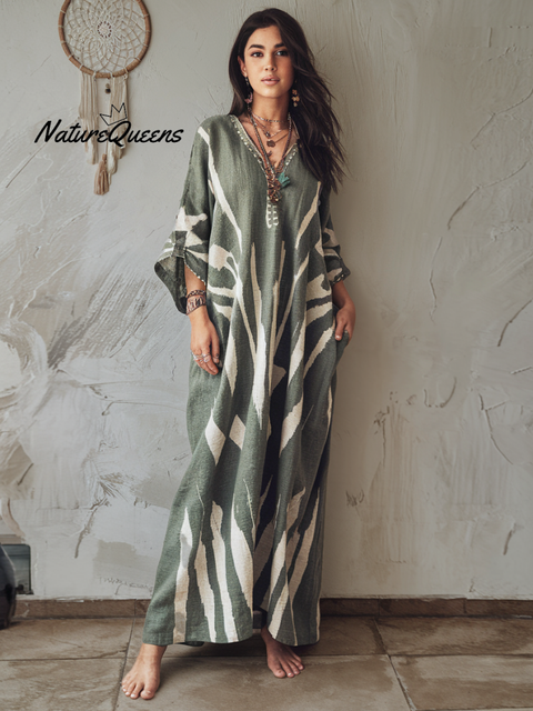 Linen Printed Kaftan Maxi Dress