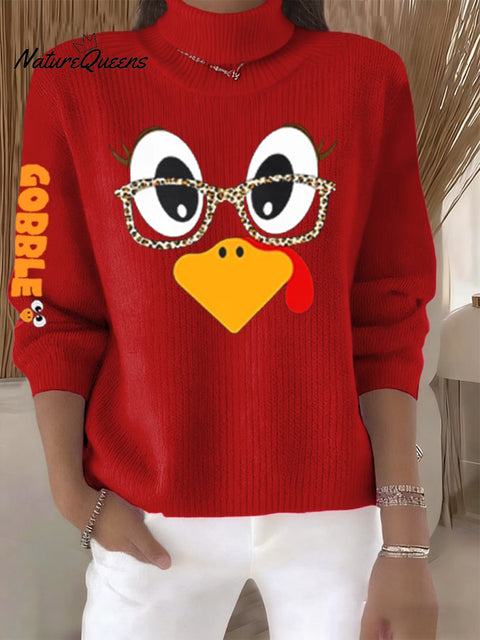 Women's Retro Thanksgiving Turkey Print Turtleneck Knit Top