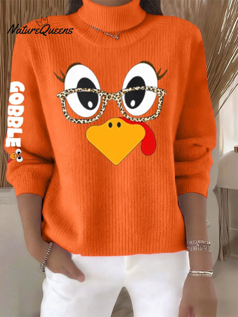 Women's Retro Thanksgiving Turkey Print Turtleneck Knit Top