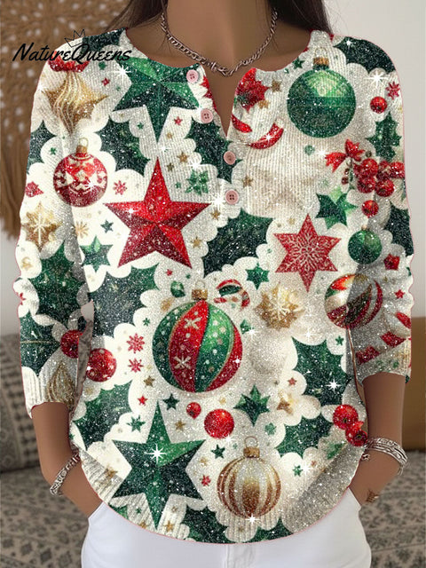 Christmas Tree Lantern Bow Gift Pattern Print Henley Neck Sparkling Sequin Sweater