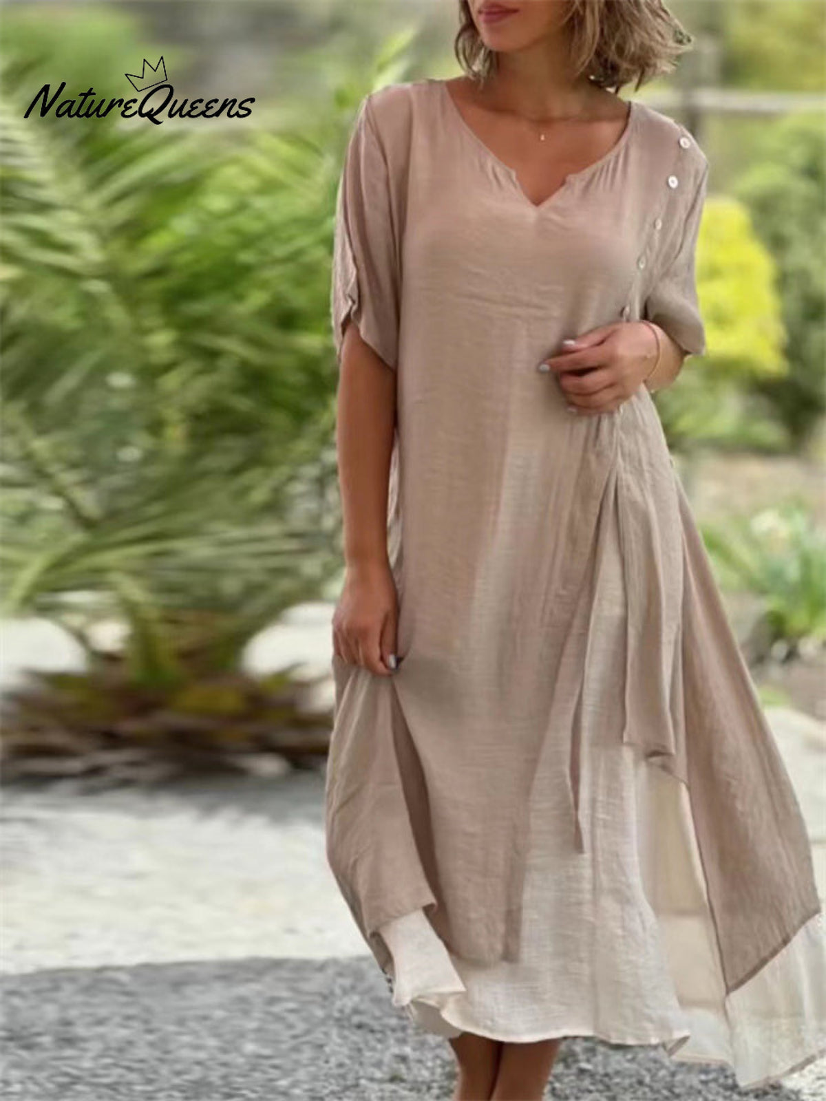 Women’s Country Style V Neck Short Sleeve Irregular Hem Dress Khaki / S