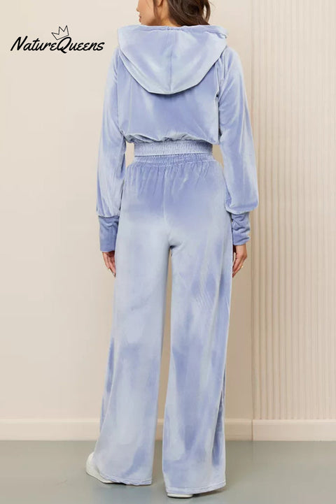 Solid Color Velvet Hooded Zip-up Sweatshirt and Elastic Waist Casual Pocket Straight-leg Pants Set