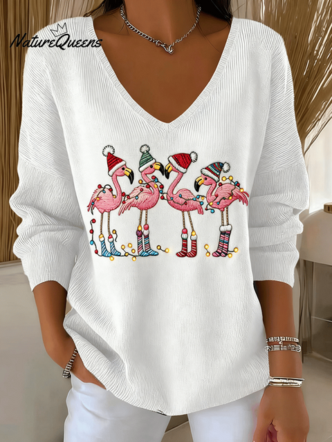 Women's Christmas Flamingo Print Knit Long Sleeve Top
