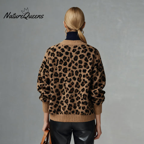 Women's Leopard Print Stand Collar Single Breasted Long Sleeve Knit Sweater Jacket