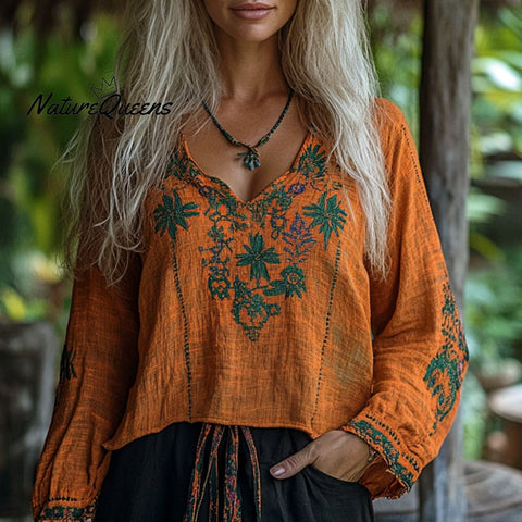 Women's Casual Cotton And Linen Retro Ethnic Style Loose Top Shirt