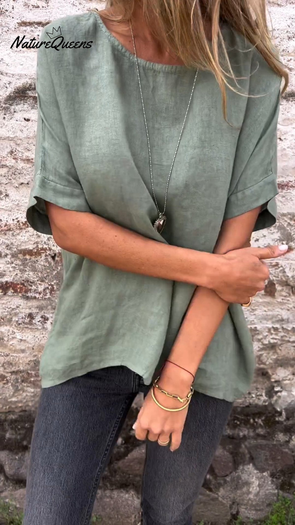 Solid Color Round Neck Half-sleeved Cotton Linen Blouse