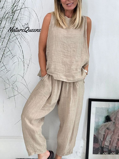 Cotton and linen sleeveless casual two-piece set