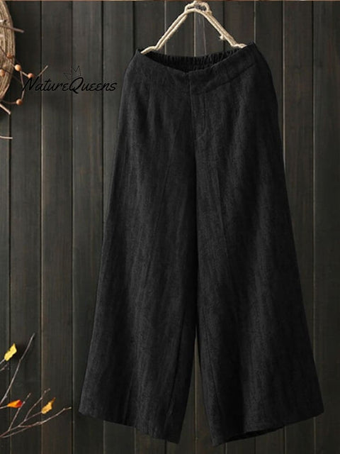 Women’s Casual Simple Cotton Pants Loose Nine Point Wide Leg Black / S