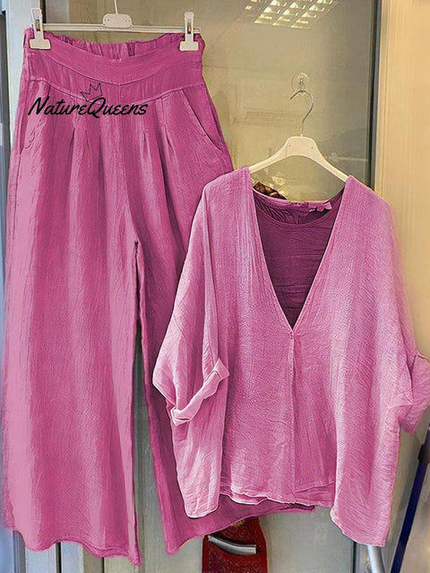 V Neck Top And Solid Color Trousers Set