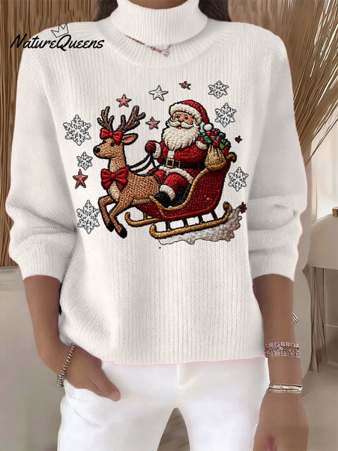 Women's Retro Santa Print Turtleneck Knit Top