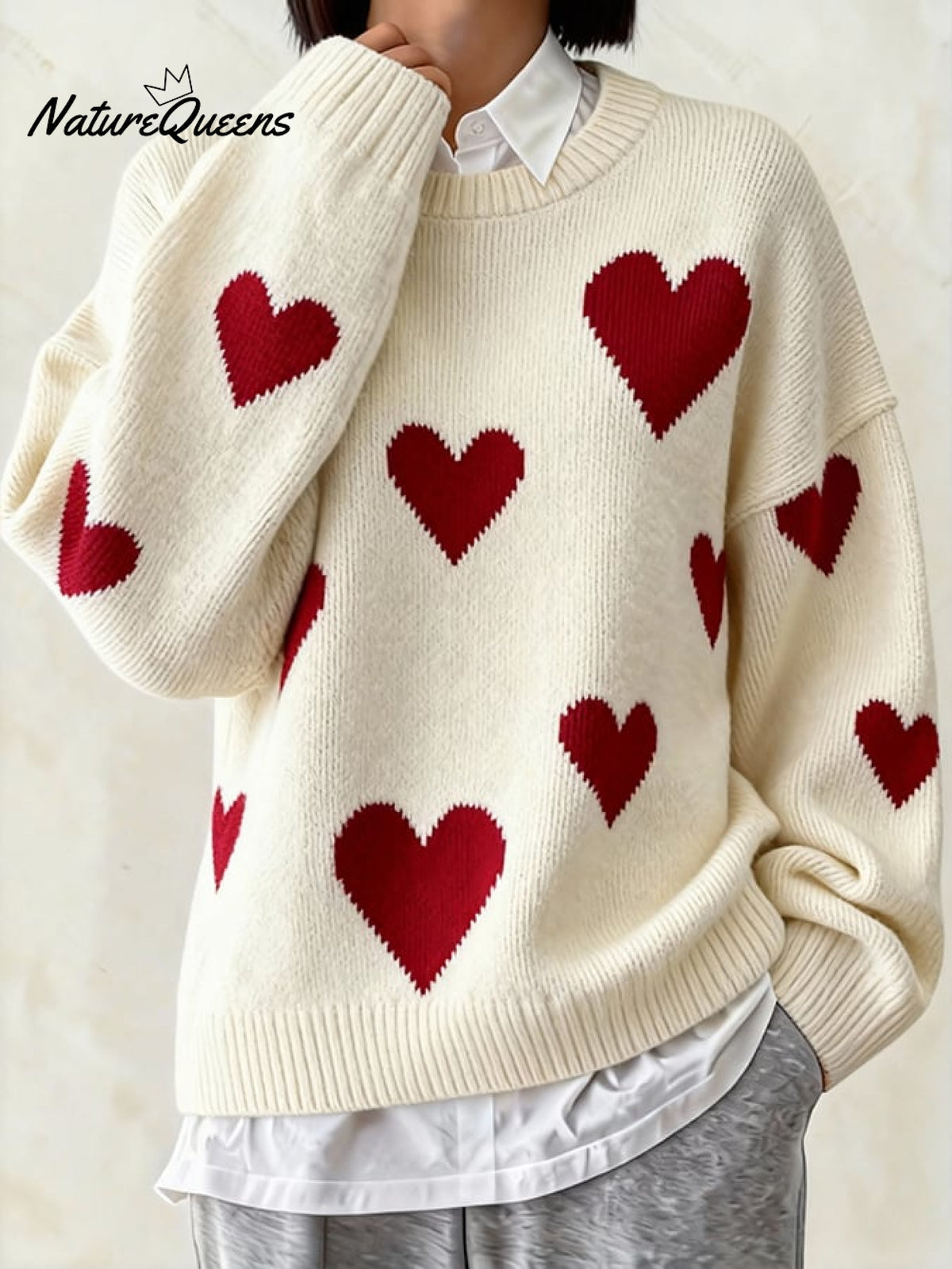 Women'S Casual Color-Block Heart-Patterned Sweater